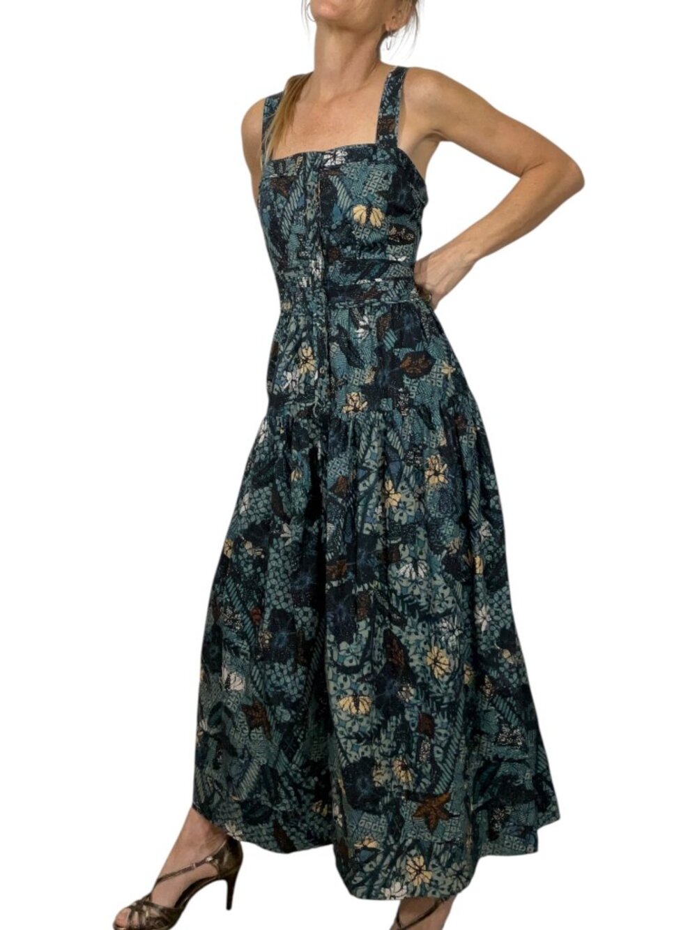 Ulla Johnson Isabela Dress 10 Rainforest Midi Blue Floral Sleeveless Cotton - Picture 3 of 16